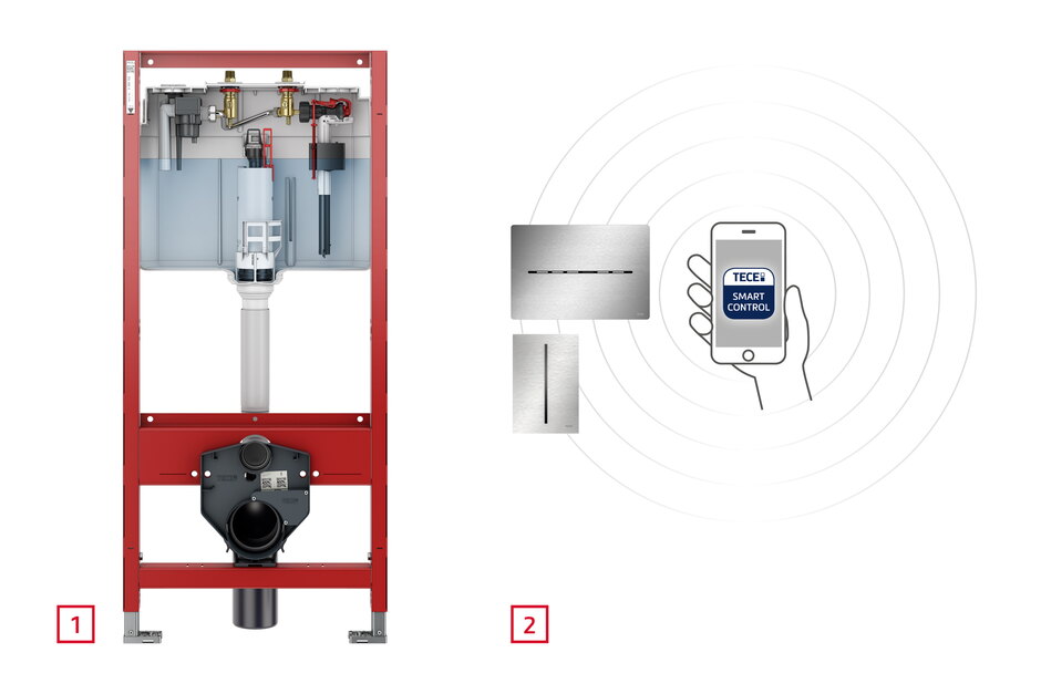 Mit der kostenlosen App TECEsmartcontrol liegt die Programmierung und Protokollierung rechtssicher und einfach immer in Ihrer Hand.  1 Clevere Komplettlösung hinter der Wand: TECEprofil WC-Module mit integrierter Hygienespülung 2 Smarte Kaltwasserlösungen vor der Wand: TECEsolid WC- und TECEfilo Urinalelektroniken