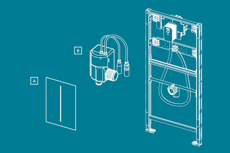 Ein TECEfilo Aufbau besteht immer aus: A Sensorblende B Ventileinheit sowie dem Urinalspülergehäuse
